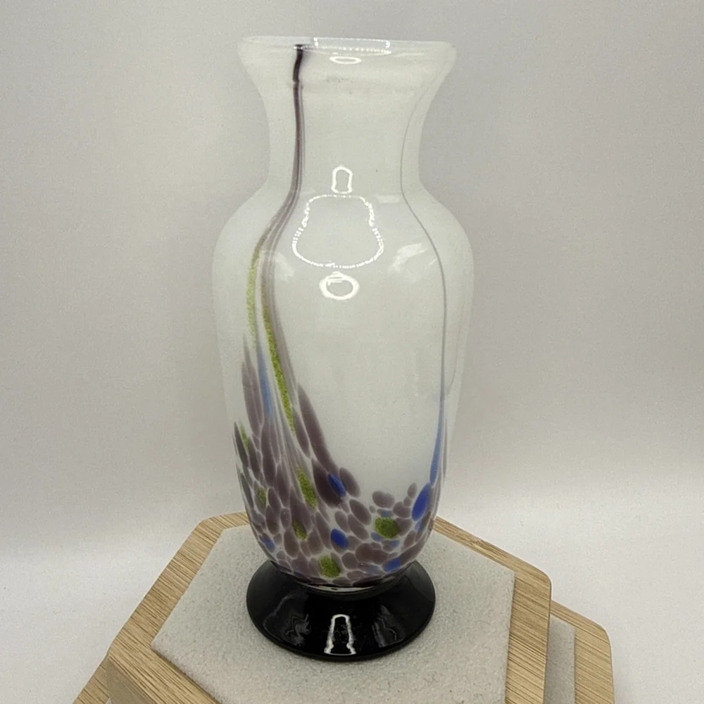 Vintage Art Glass Vase. Hand Blown with Pontil Mark. White and Amethyst Purple